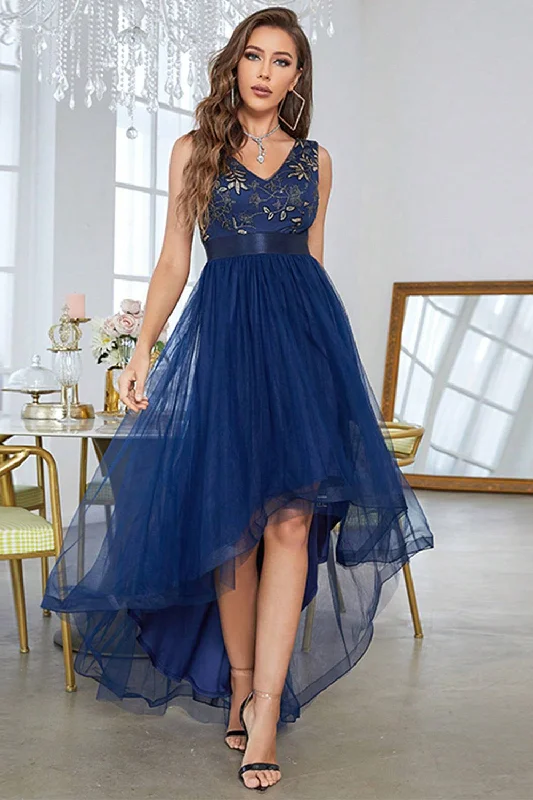 Silk Dresses for Luxurious -Dark Blue Asymmetrical A-Line V-Neck Prom Dress With Sleeveless