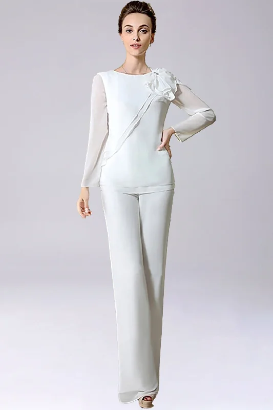 Embroidered Dresses for Detailed -Jumpsuit/Pantsuit Separates Floor-Length Chiffon Mother of the Bride Dress With Bow