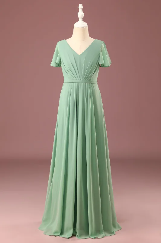 Blue Dresses for Classic -Long Matcha A-line Chiffon V-neck Short Sleeves Junior Bridesmaid Dress