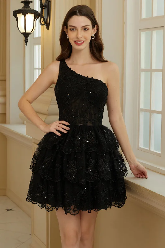 Prom Dresses for School Dance -Stylish A Line One Shoulder Black Short Homecoming Dress with Appliques