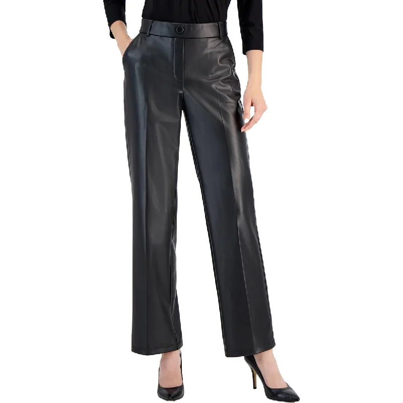 Elegant tight trousers for women with sleek design and tailored for a perfect fit -Kasper Womens Petites High Rise Faux Leather Wide Leg Pants