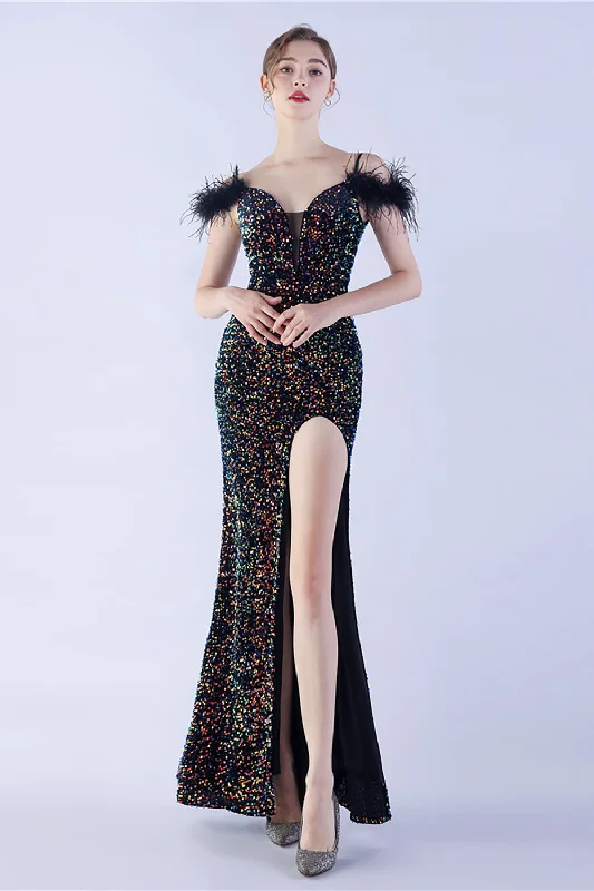 Satin Dresses for Shiny Look -Mermaid Spaghetti Straps Sequin Formal Evening Dress With Feathers