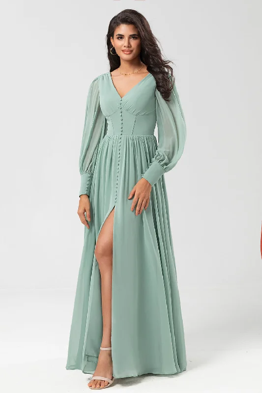 Mini Dresses for Youthful Look -Chiffon A Line Long Sleeves Bridesmaid Dress with Buttons