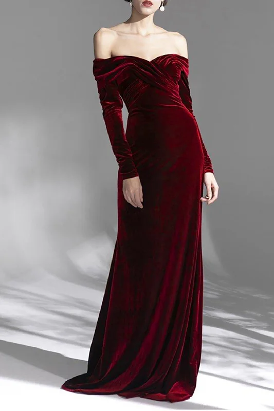 Polyester Dresses for Durable -Burgundy Velvet Off the Shoulder Long Sleeves Floor Length Evening Dress