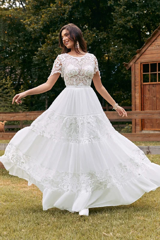 Formal Dresses for Occasions -Ivory Short Sleeves Boho Chiffon Wedding Dress with Lace