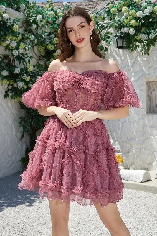 Sundress Dresses for Sunny -Beautiful A Line Off the Shoulder Dusty Rose Tulle Short Homecoming Dress with Short Sleeves