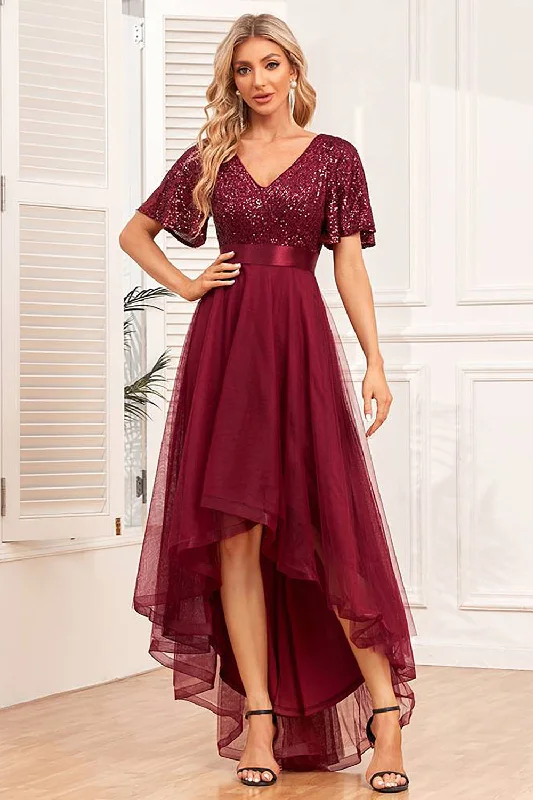 Minimalist Dresses for Simplicity -Burgundy High-low A-line Formal Dress with Sequins