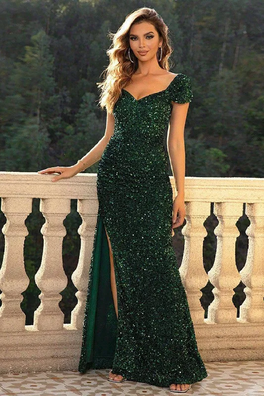 Leather Dresses for Luxury -Sparkly Sequin Dark Green Short Sleeve Sweetheart Holiday Dress