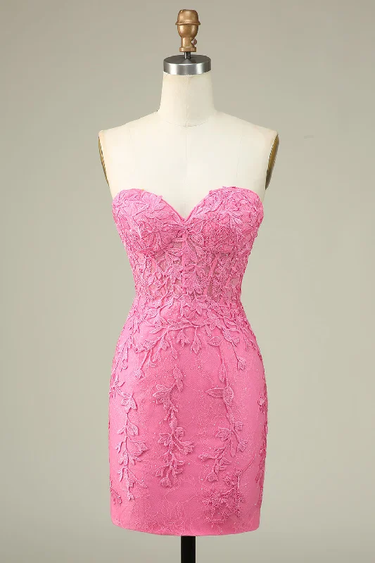 Buttoned Dresses for Stylish -Bodycon Sweetheart Pink Corset Homecoming Dress with Appliques