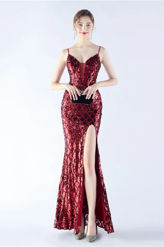 Red Dresses for Statement -Burgundy Spaghetti Straps V-neck Swquin Sheath Formal Dress with Slit