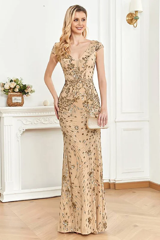 Wool Dresses for Warmth -Beading Golden Sheath Formal Dress with V-neck