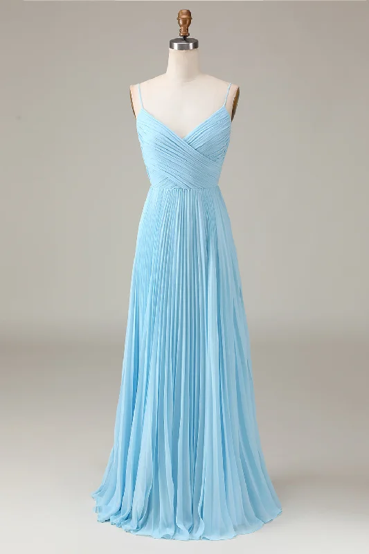 Birthday Dresses for Celebration -Sky Blue Spaghetti Straps V-neck A-line Pleated Chiffon Bridesmaid Dress