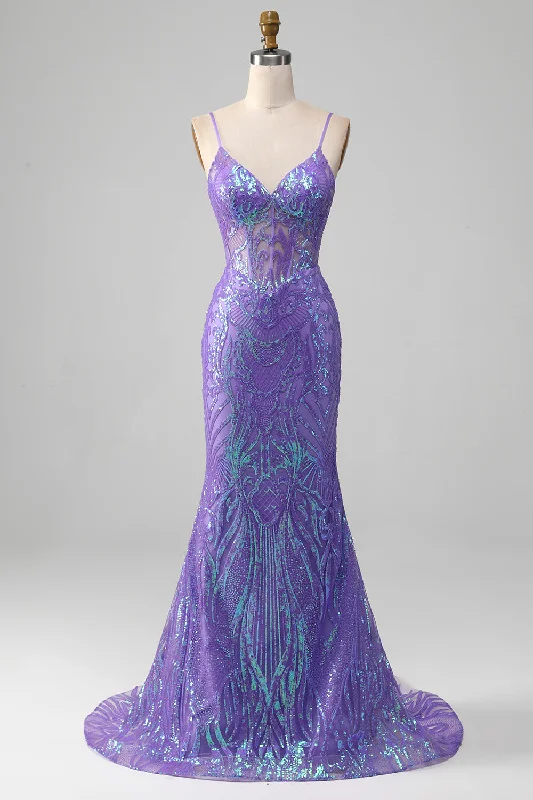 A-line Dresses for Flattering -Mermaid Sparkly Purple Corset Prom Dress