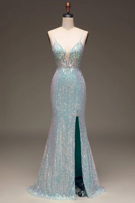 Evening Dresses for Formal Events -Sparkly Mermaid Grey Blue Prom Dress with Slit