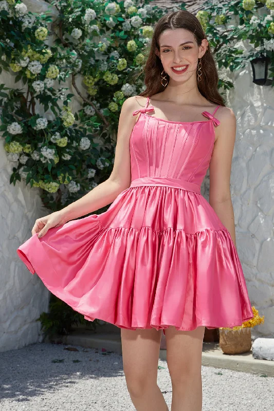 Evening Dresses for Formal Events -Stylish A-Line Spaghetti Straps Fuchsia Short Homecoming Dress with Bowknot