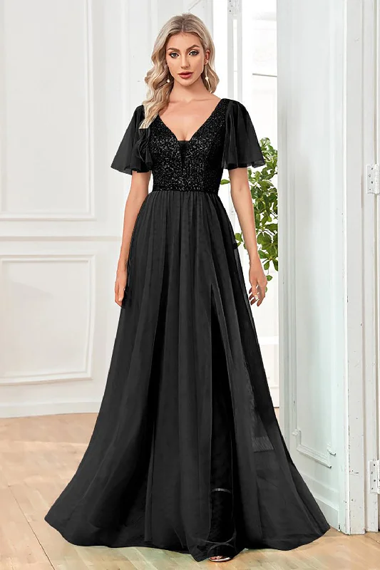 Khaki Dresses for Casual -Tulle A-Line Sequins Black Formal Dress with Slit