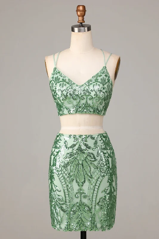 Flared Dresses for Retro -Ultimate Glow Two Piece Spaghetti Straps Green Sequins Short Homecoming Dress