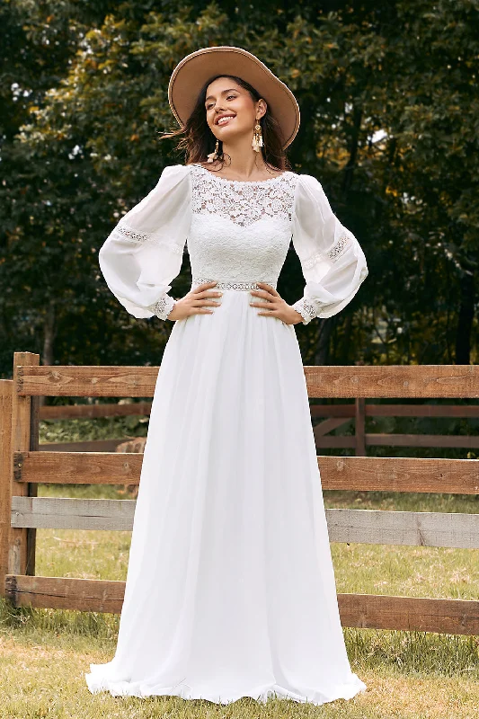 Valentine's Day Dresses for Romance -Ivory Bateau Chiffon Long Boho Wedding Dress with Lace