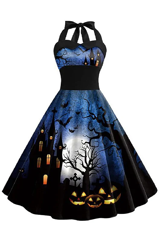 Pink Dresses for Feminine -Halloween Printed Halter Blue Vintage Dress