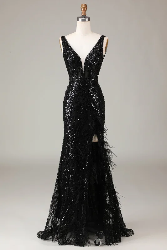 Belted Dresses for Shaping -Black Sparkly Deep V-neck Mermaid Prom Dress with Feathers