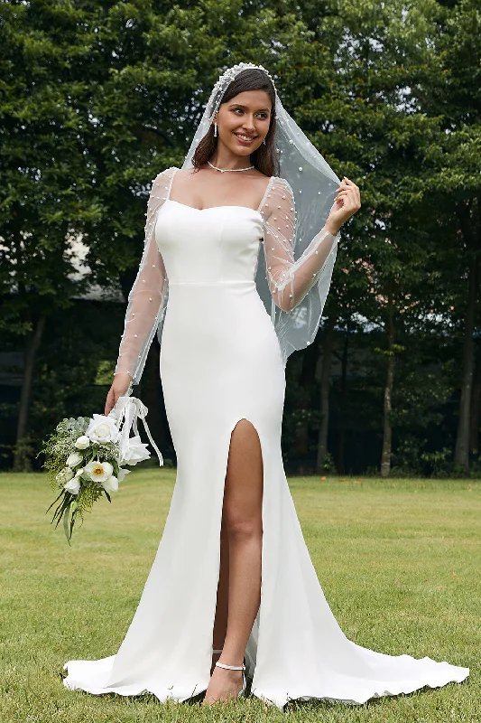 Cocktail Dresses for Party Time -Ivory Illusion Long Sleeves Backless Mermaid Wedding Dress with Slit