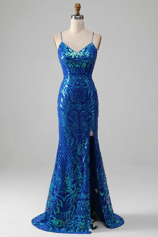 Black Dresses for Versatile -Royal Blue Mermaid Sparkly Prom Dress with Slit