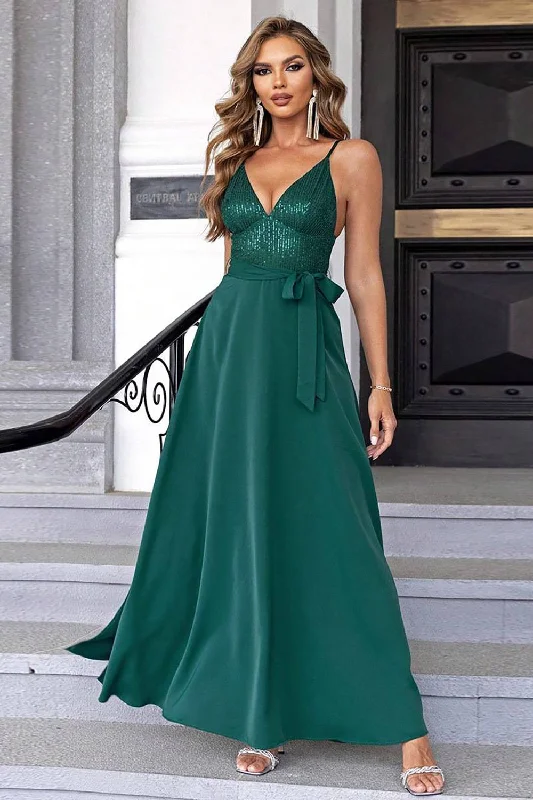 Gothic Dresses with Dark Tone -Dark Green Spaghetti Straps Sequin Holiday Dress With Slit