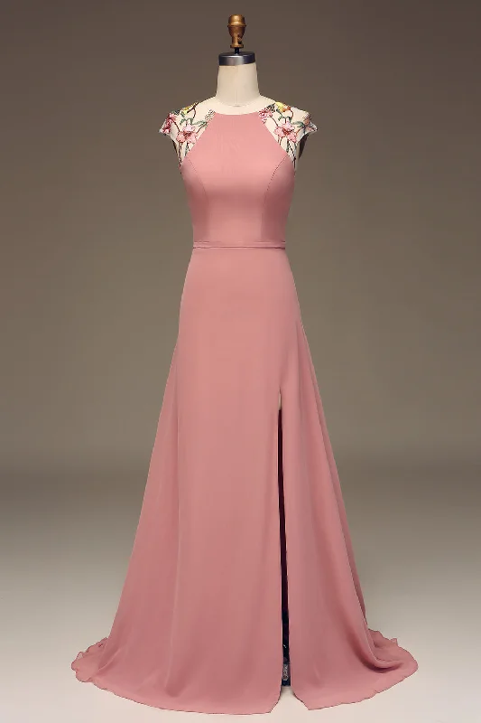 Sequined Dresses for Sparkle -Dusty Rose A-line Chiffon and Embroidery Maxi Bridesmaid Dress