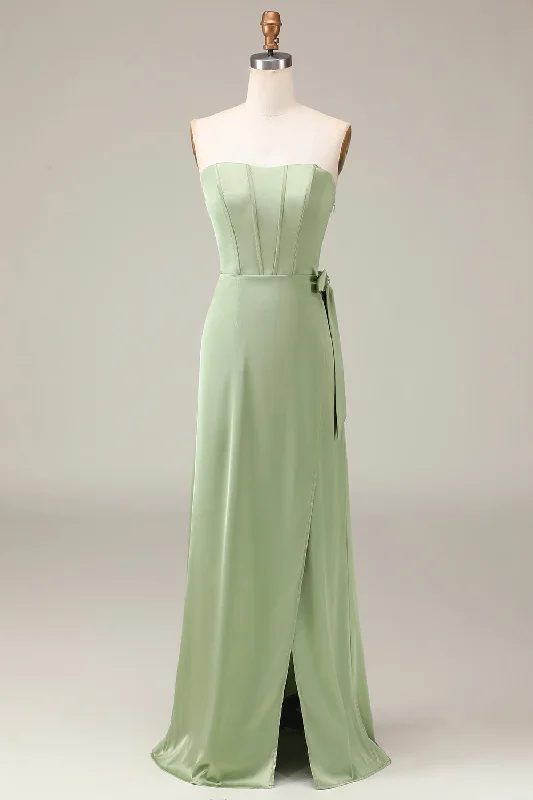 Mother's Day Dresses for Gift -Matcha Strapless Corset A-line Satin Bridesmaid Dress with Slit