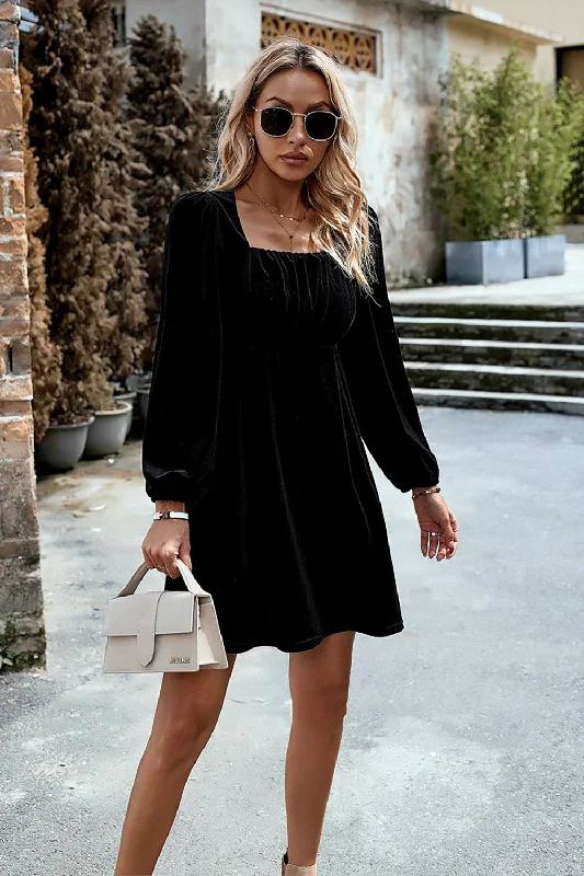 Minimalist Dresses for Simplicity -Black Velvet A line Holiday Party Dress with Pleated