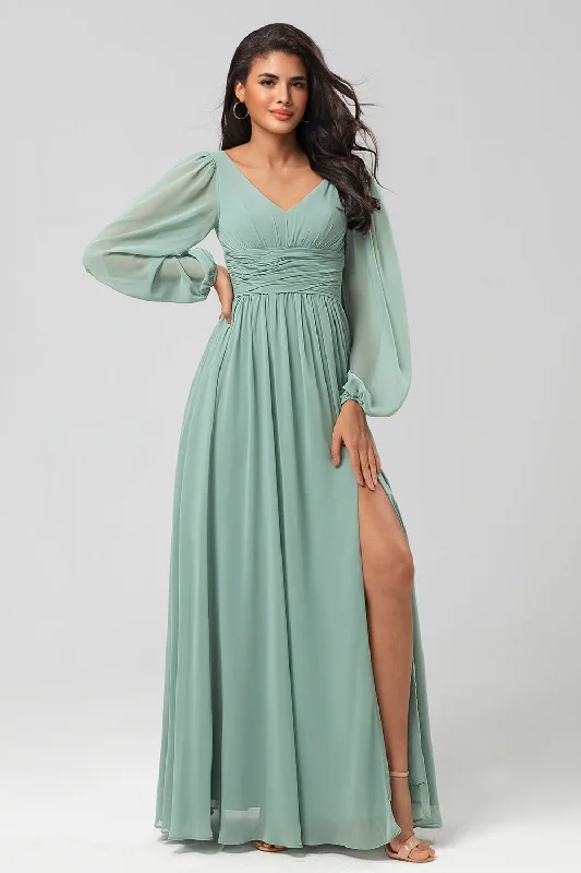 Midi Dresses for Versatile Wear -A Line Green Long Sleeves Bridesmaid Dress with Slit