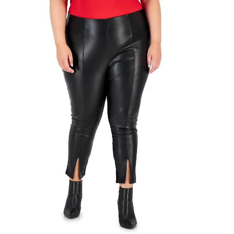 Black tight trousers for women with sleek design and versatile styling options -Calvin Klein Womens Plus Faux leather Slit Cuffs Ankle Pants