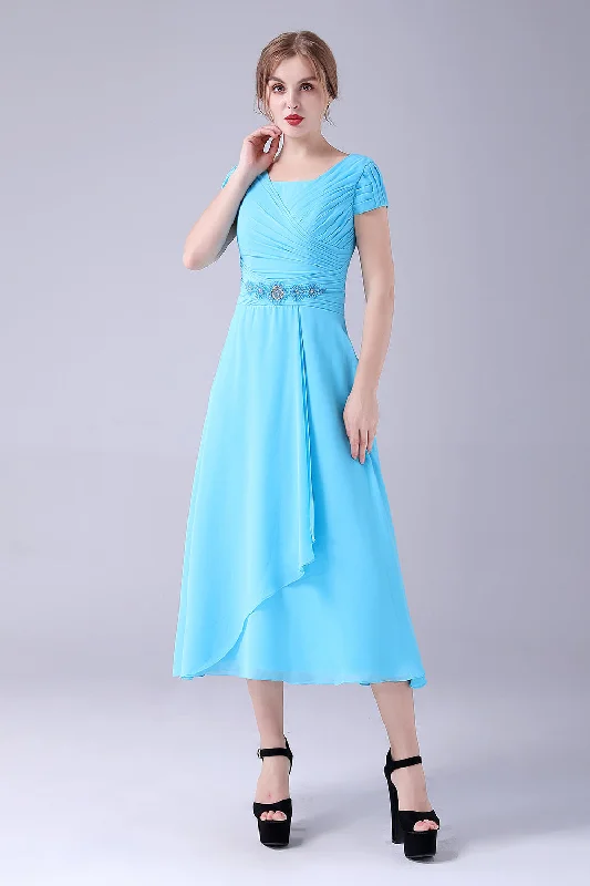 Studded Dresses for Statement -Sky Blue A-Line Square Neck Mother Of the Bride Dress With Pleated