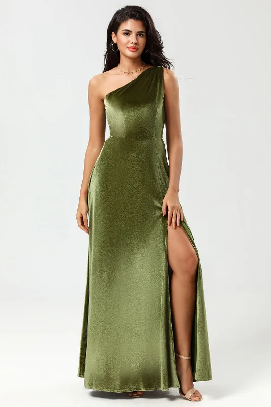 Short-sleeved Dresses for Summer -One Shoulder A Line Velvet Green Bridesmaid Dress with Slit