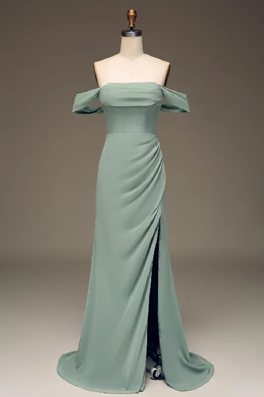 Vintage Dresses for Nostalgia -Dusty Sage Off the Shoulder Sheath Chiffon Pleated Long Bridesmaid Dress