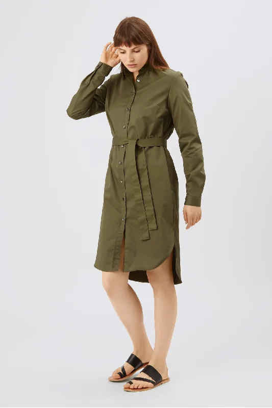 Wool Dresses for Warmth -Women's Collarless Shirt Dress Olive