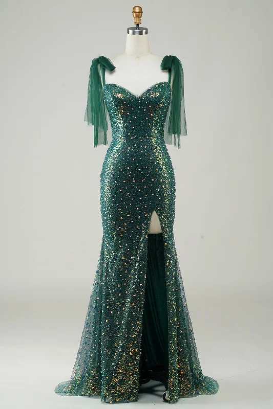 Bohemian Dresses with Tassels -Sparkly Dark Green Mermaid Sequin Long Prom Dress with Slit