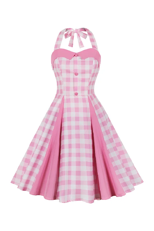 African Dresses with Culture -A Line Halter Neck Pink Plaid Pink 1950s Dress