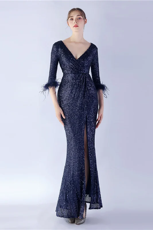 White Dresses for Pure Look -Navy Sequin V-neck Half Sleeves Sheath Formal Dress with Feather