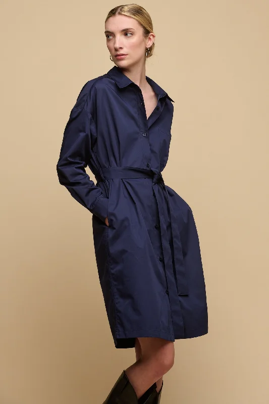 Long-sleeved Dresses for Coverage -Women's Lorelle Belted Midi Cotton Shirt Dress - Navy