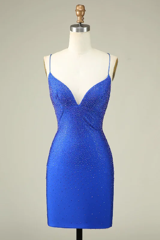 Low-waisted Dresses for Relaxed -Sexy V Neck Blue Spaghetti Straps Homecoming Dress With Beading