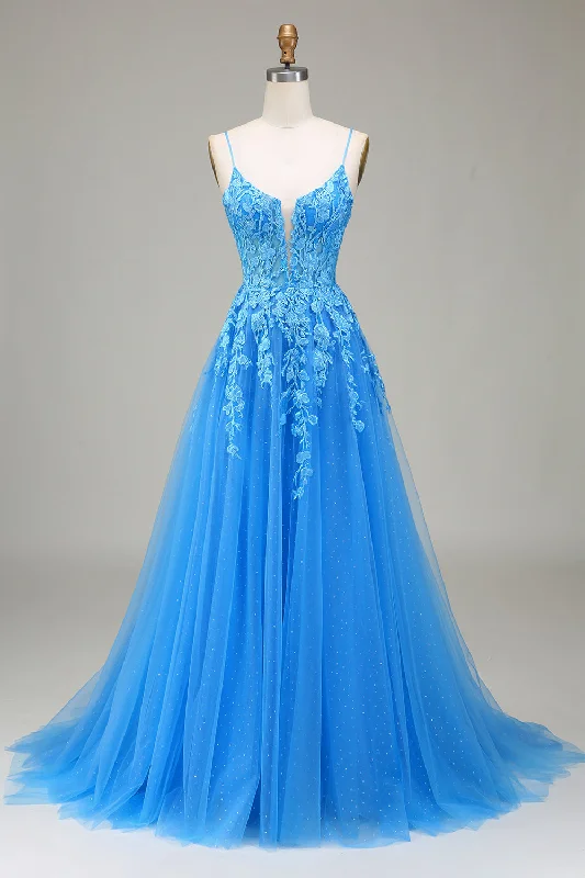 Cocktail Dresses for Party Time -A-Line Spaghetti Straps Blue Tulle Prom Dress With Appliques