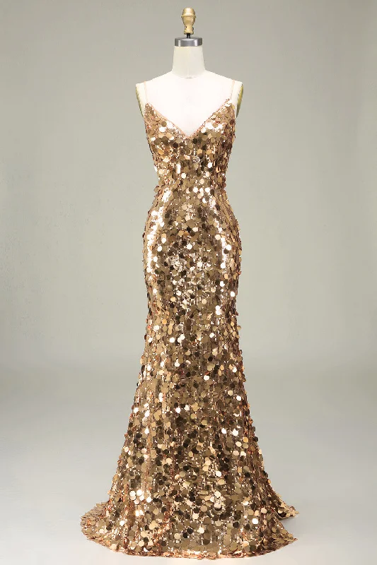 Graduation Dresses for Milestone -Sparkly Golden Mermaid Sequin Prom Dress With Slit