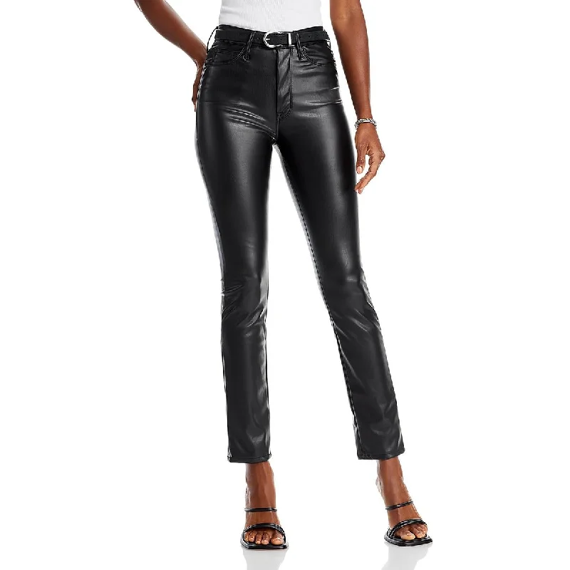 High-waisted tight trousers for women with tapered leg and vintage-inspired design -Mother Womens Faux Leather High Rise Straight Leg Pants