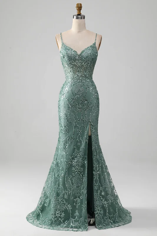 Purple Dresses for Royalty -Sparkly Grey Green Mermaid Spaghetti Straps Long Prom Dress with Beading