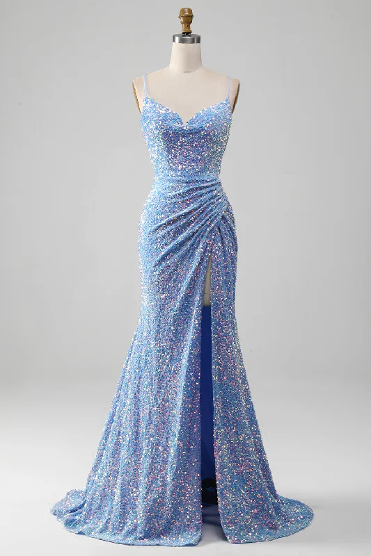 Sheath Dresses for Sophisticated -Sparkly Sequins Mermaid Light Blue Prom Dress with Slit