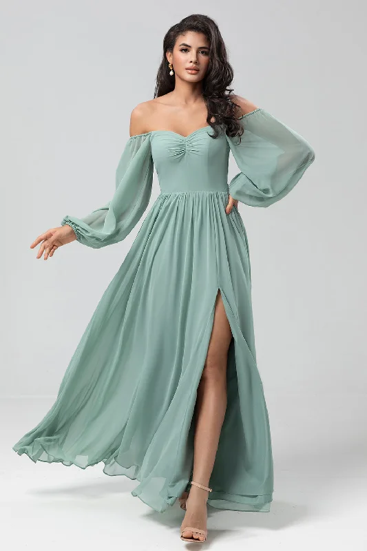 Graduation Dresses for Milestone -Off the Shoulder Long Sleeves Green Bridemaid Dress with Slit