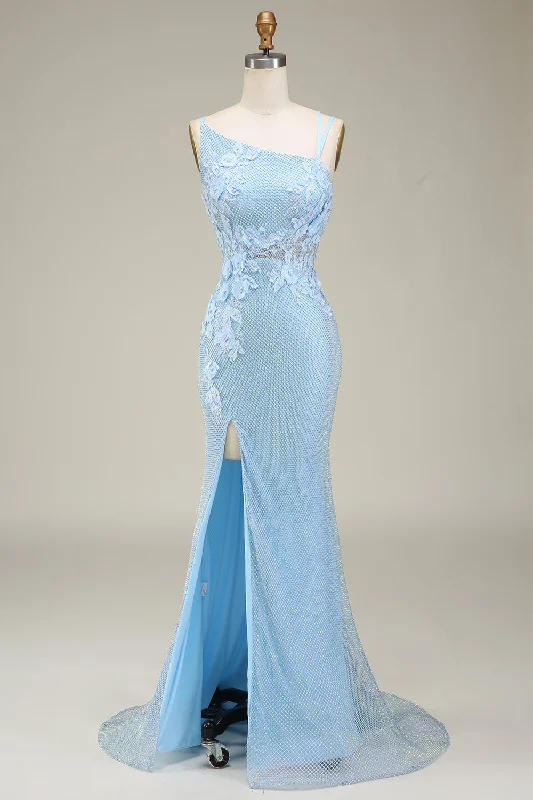 Denim Dresses for Casual Style -Stylish Mermaid Light Blue Long Prom Dress with Appliques