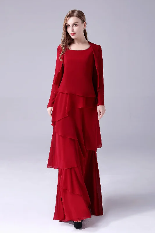 High-waisted Dresses for Flatter -Burgundy A-Line Scoop Neck Chiffon Floor-Length Mother Of the Bride Dress