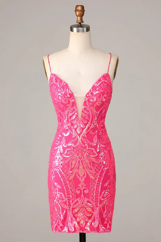 Embroidered Dresses for Detailed -Undeniably Amazing Sheath Spaghetti Straps Fuchsia Sequins Short Homecoming Dress